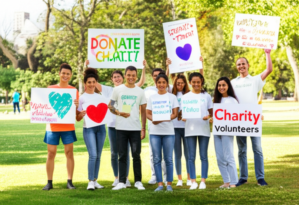 Volunteers with charity signs