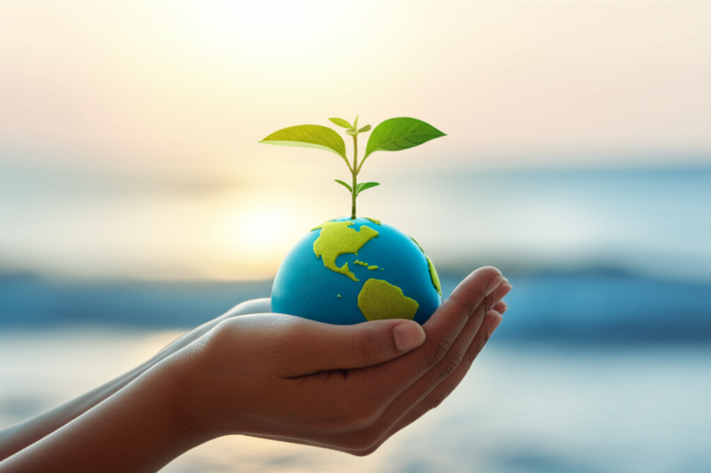Hands holding earth with plant