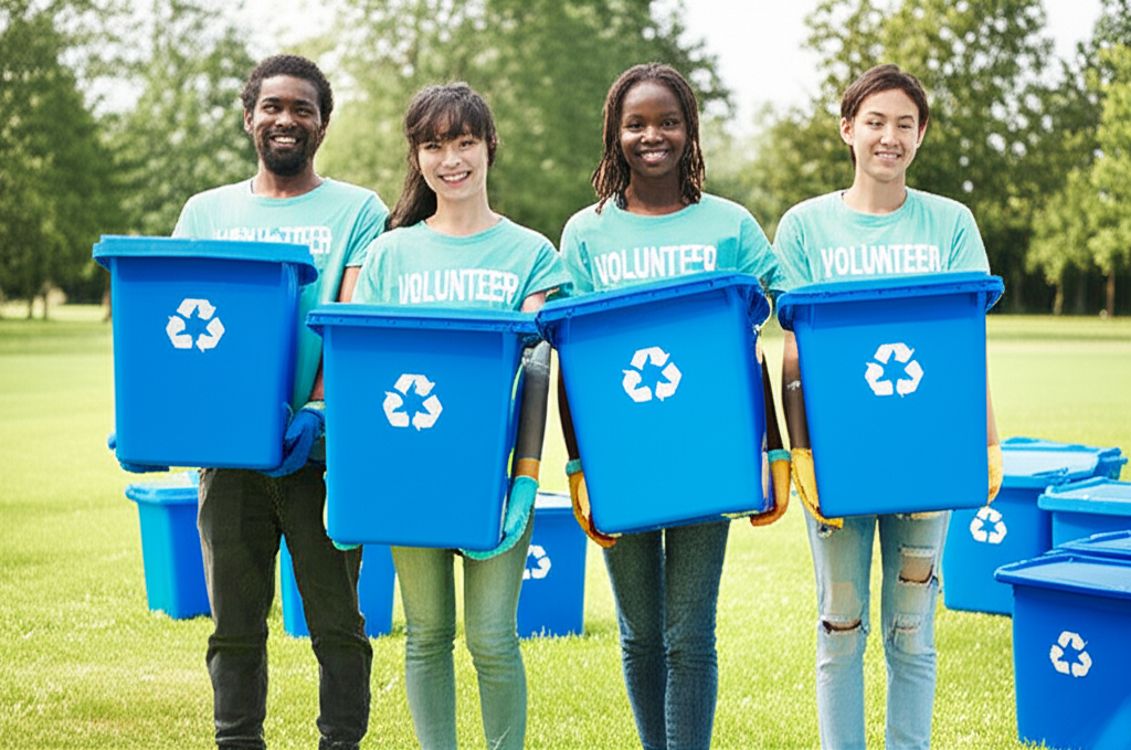 Volunteers with recycling
